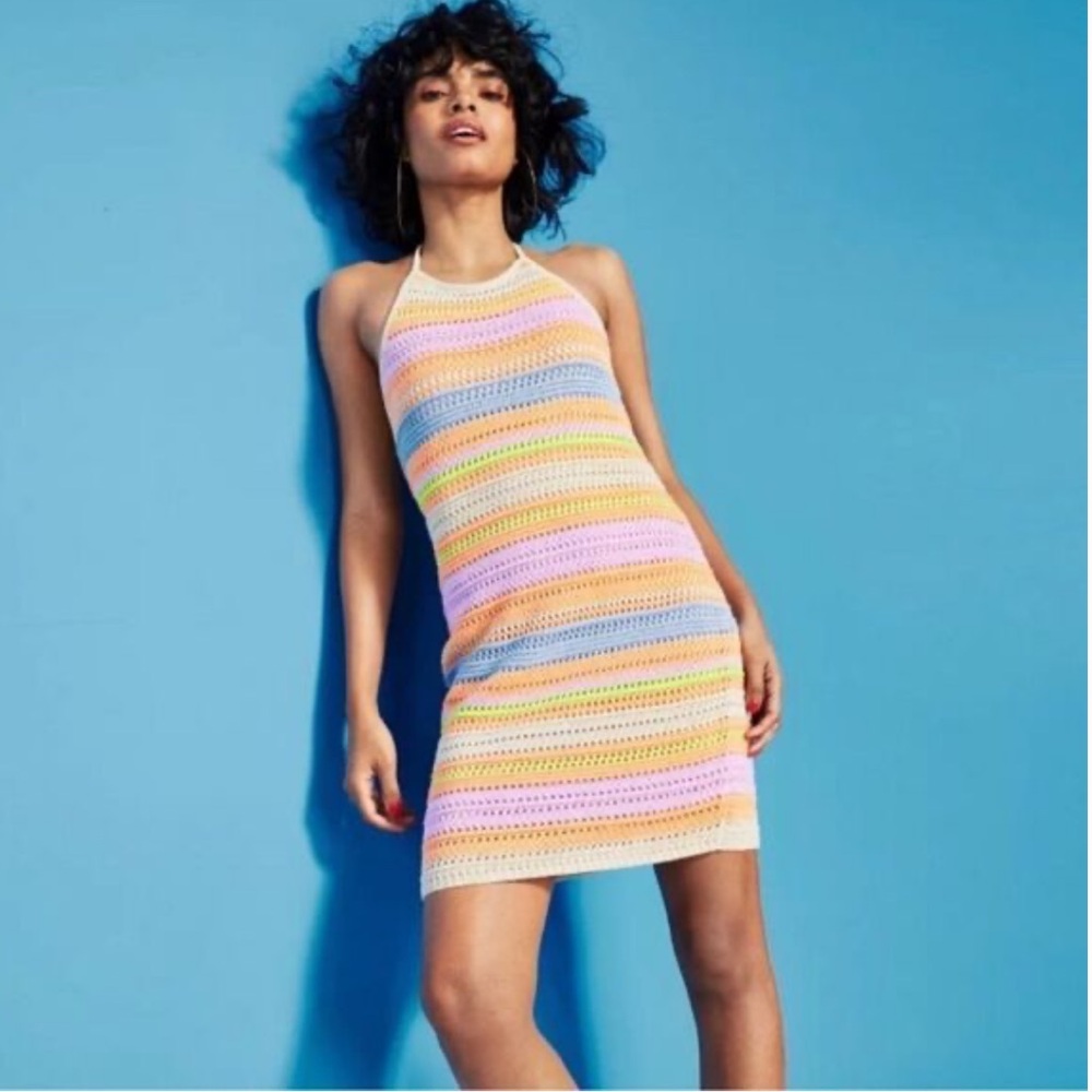 🧡 “Sunset Stripes” House of Harlow Mini Striped Knit Halter Dress
